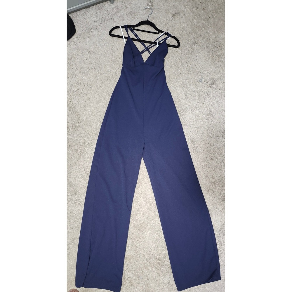 Lulus Navy Blue Wide Leg Jumpsuit V-Neck Open Back Crisscross Straps Small NWT